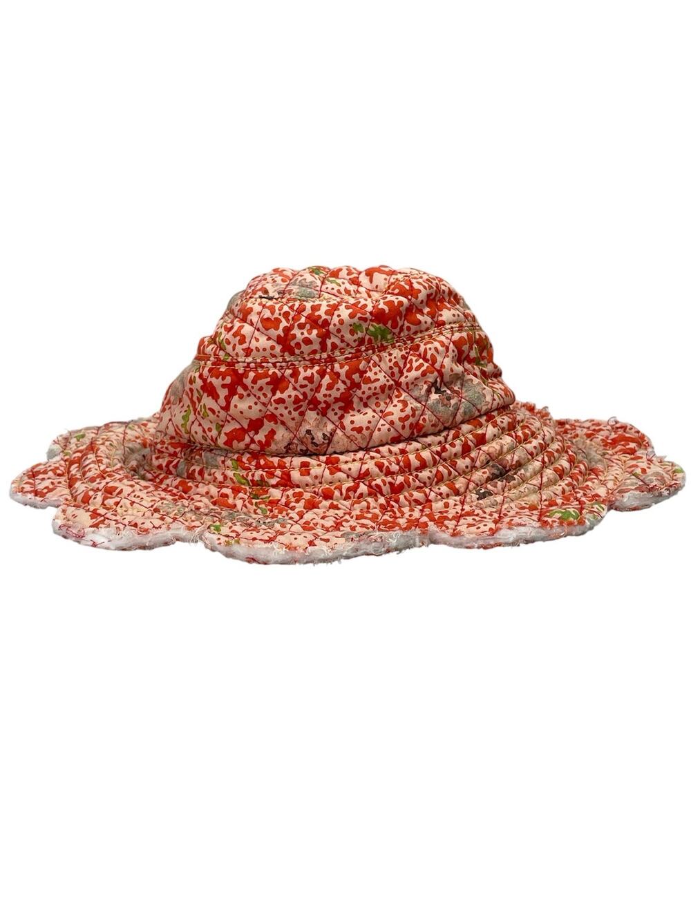 Anthropologie Find Me Now Pink Red Quilted Scalloped Trim Bucket Cap Hat OS